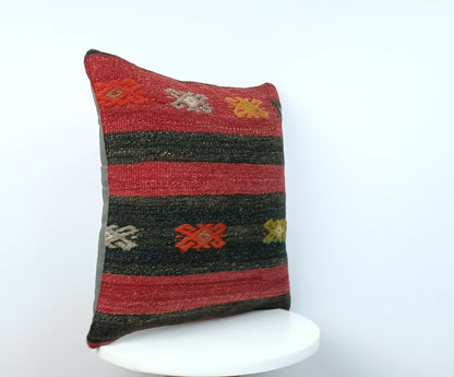Traditional Kilim Cushion Cover 16x16 Handmade Turkish Tribal Pillow Cover E172