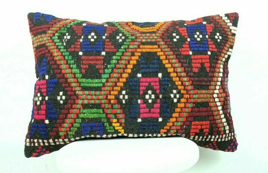 Handmade Kilim Pillow Cover 16x24 Vintage Rug Tribal Ethnic Bohemian Lumbar E490