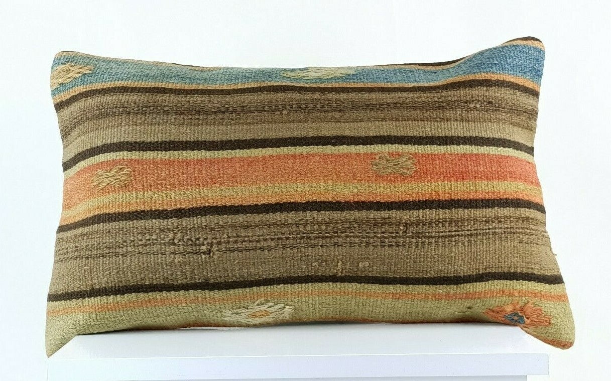 Kilim Pillow Cover 12x20 Handmade Turkish Rug Boho Ethnic Lumbar Cushion E1070