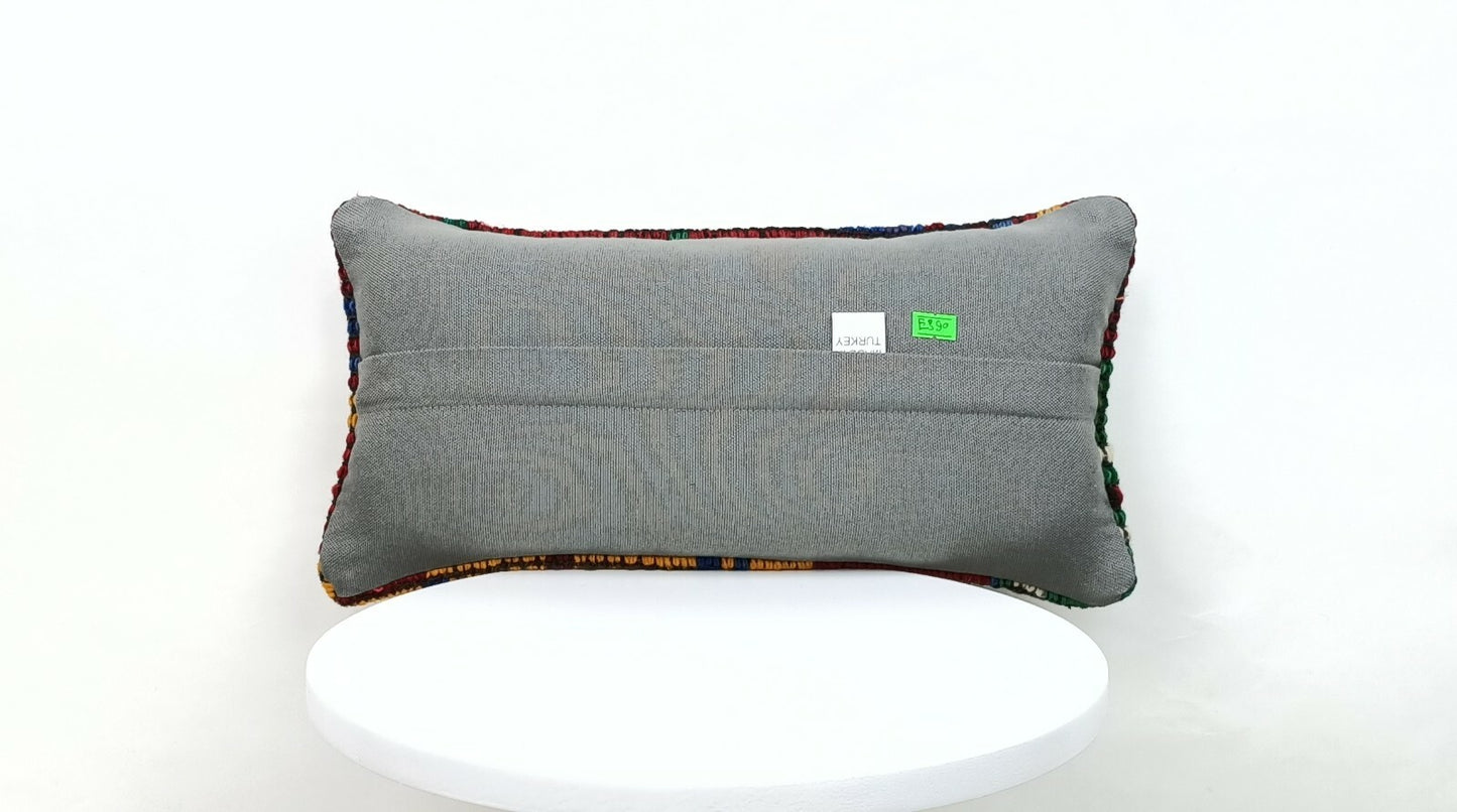 Turkish Kilim Pillow Cover 8"x16" Handknotted Vintage Tribal Lumbar Cushion E390