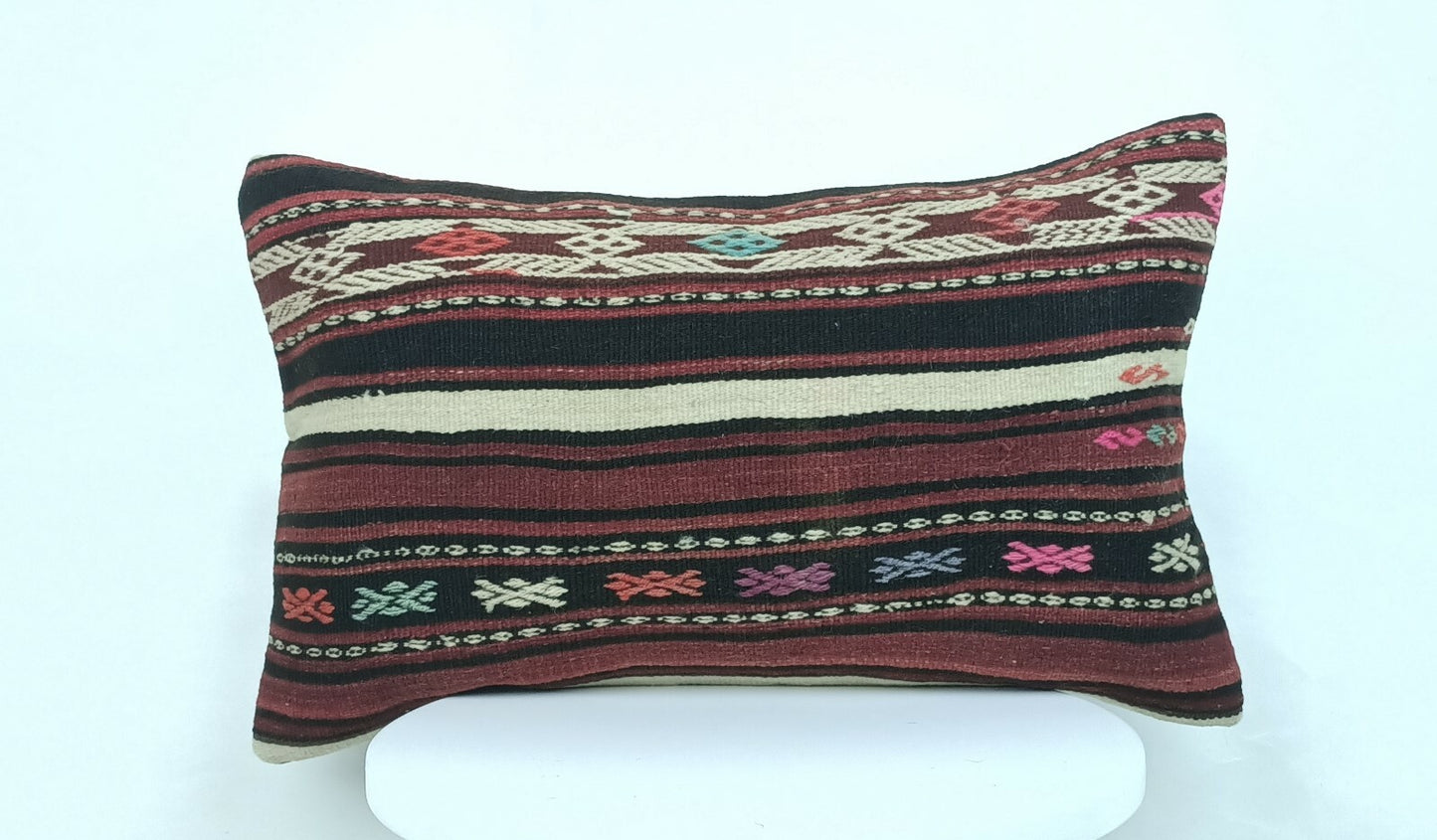 Kilim Lumbar Cushion Cover 12x20 Anatolian Ethnic Handmade Rug Pillow Case A263