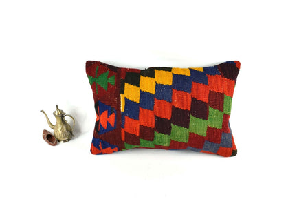 Kilim Pillow Cover 16x24 Tribal Vintage Turkish Carpet Lumbar Pillow Cover 3450