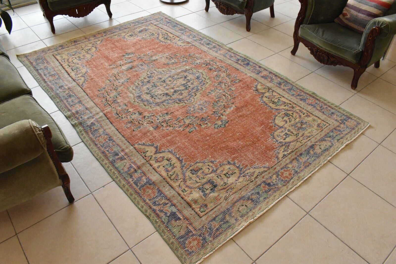 Handmade Area Rug 8.6 x 5.5 ft Distressed Anatolian Vintage Medallion Rug  C45