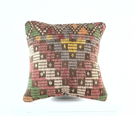 14"x14" Kilim Pillow Cover Handmade Turkish Tribal Ethnic Boho Rug Cushion E1310