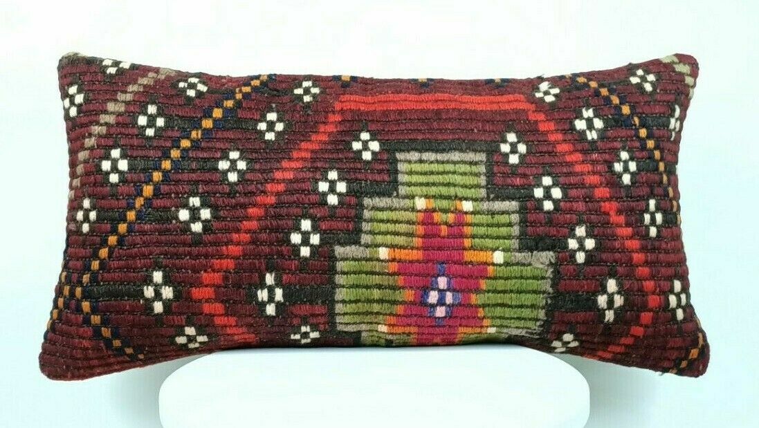 Turkish Kilim Pillow Cover 12x24 Sofa Ethnic Bohemian Wool Lumbar Cushion  E418