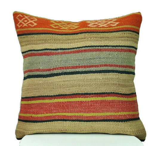 Kilim Cushion Case 16x16 Vintage Tribal Decorative Turkish  Pillow Cover E207