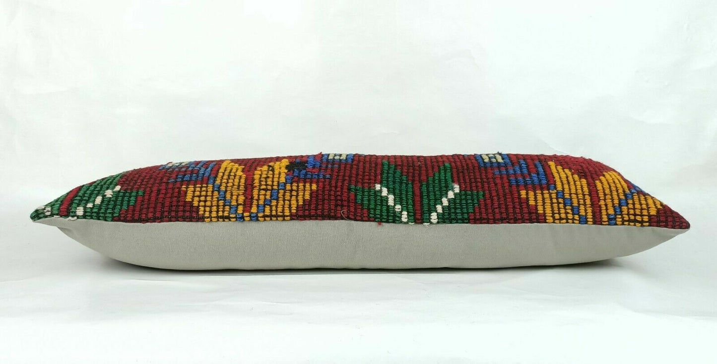 Kilim Pillow Cover 12x36 Handknotted Turkish Tribal Ethnic Lumbar Cushion E689