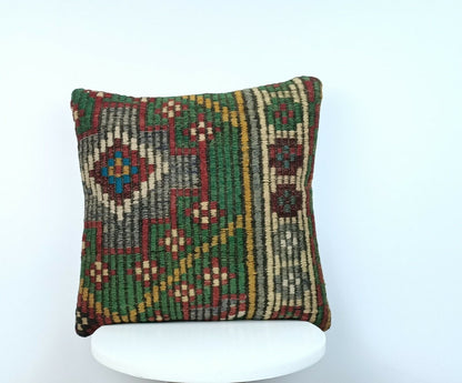 Kilim Pillow Cover 16x16 Handmade Vintage Wool Lumbar Tribal Ethnic Cushion E170