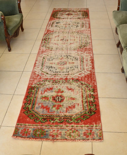 Distressed Oushak Rug 2.6x10.9 ft Handwoven Traditional Long Vintage Runner C38