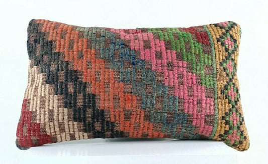 Kilim Pillow Cover 12x20 Handmade Turkish Rug Boho Ethnic Lumbar Cushion E1072
