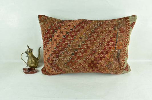 Kilim Pillow Cover 16x24 Tribal Vintage Turkish Carpet Lumbar Pillow Cover 3106