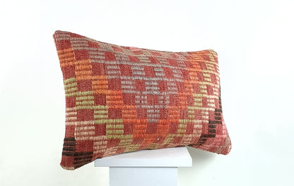 Kilim Pillow Cover 12x20 Handmade Turkish Rug Boho Ethnic Lumbar Cushion 2584