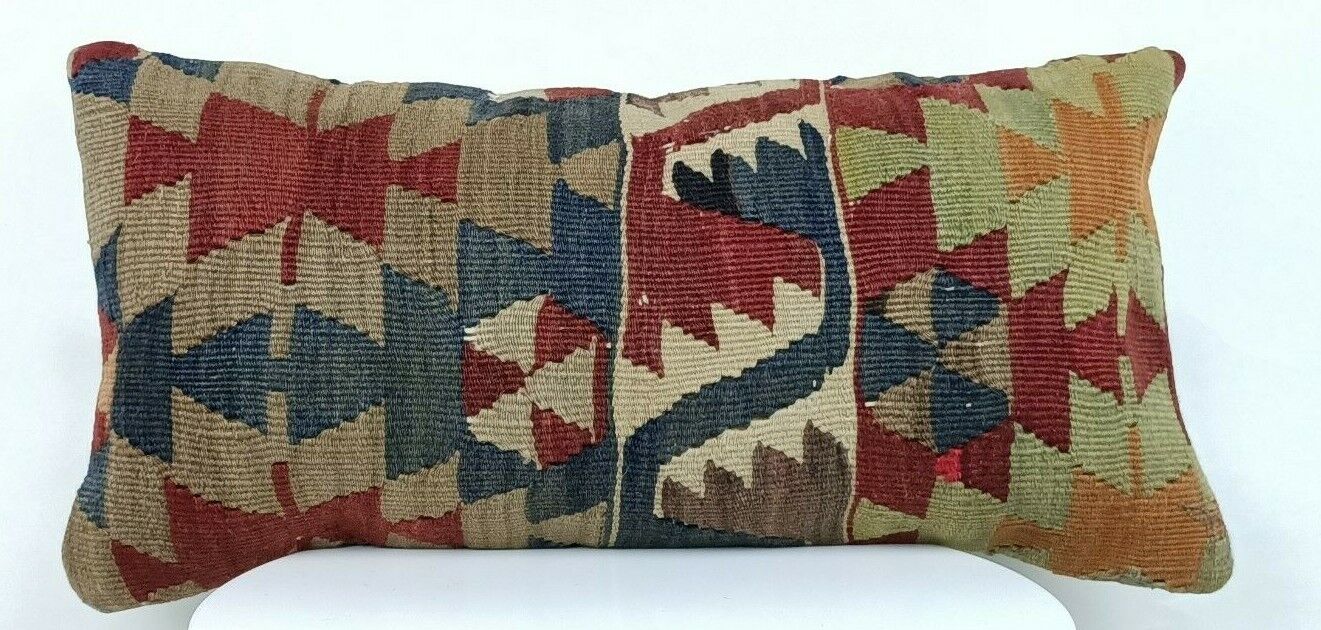 10x20 Kilim Lumbar Cushion Cover Handwoven Vintage Turkish Rug Pillow Case  A212