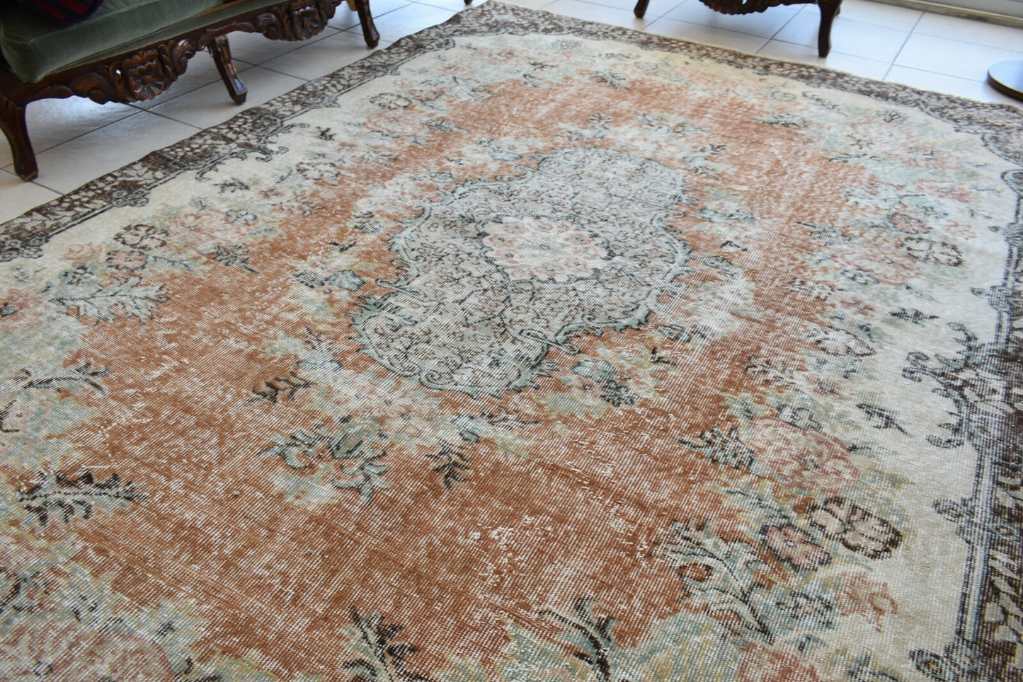 Large Turkish Rug 9.6x6.7 ft Vintage Rug Faded Oushak Rug Living Room Carpet B14