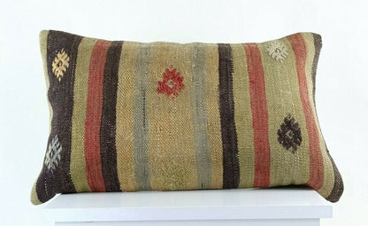 Kilim Pillow Cover 12x20 Handmade Turkish Rug Boho Ethnic Lumbar Cushion E1078