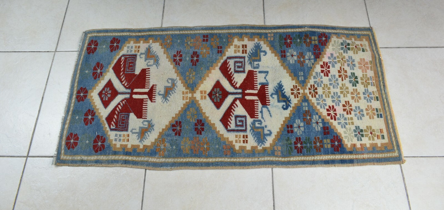 3.8x1.7 ft Anatolian Runner Small Vintage Rug Oushak Runner Mini Turkish Rug Y82