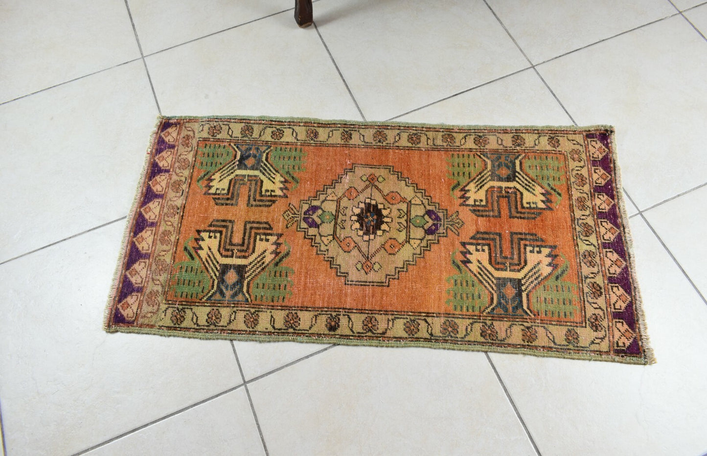 Turkish Runner 3.3x1.6 ft Vintage Small Rug Oushak Runner Anatolian Mini Rug Y65