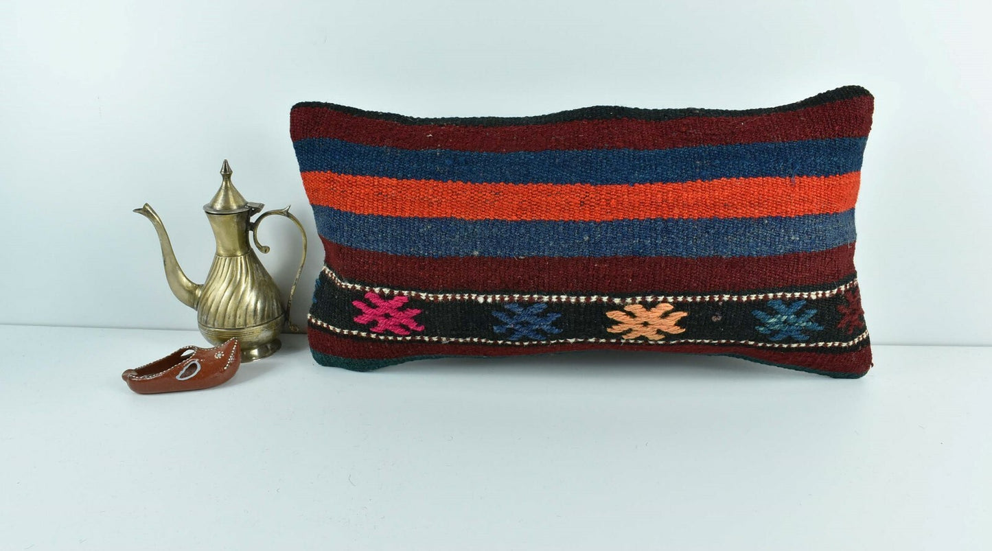 Kilim Lumbar Pillow Cover 10x20 Decorative Sofa Couch Handmade Cushion A1776