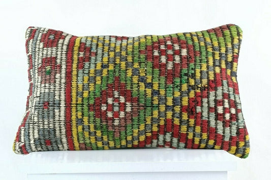 Kilim Pillow Cover 12x20 Handmade Turkish Rug Boho Ethnic Lumbar Cushion E1089