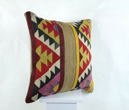 Kilim Pillow Cover 18x18 Handmade Turkish Ethnic Vintage Lumbar Cushion A1412