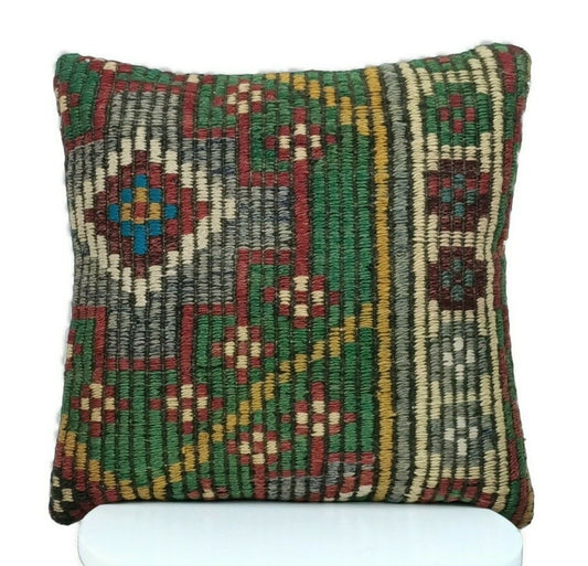 Kilim Pillow Cover 16x16 Handmade Vintage Wool Lumbar Tribal Ethnic Cushion E170