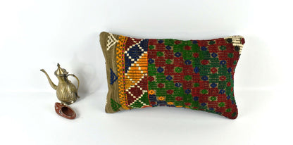 Kilim Pillow Cover 12x20 Handmade Turkish Rug Boho Ethnic Lumbar Cushion 3297