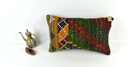 Kilim Pillow Cover 12x20 Handmade Turkish Rug Boho Ethnic Lumbar Cushion 3297