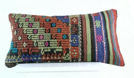 Handmade Turkish Kilim Pillow Cover 12x24 Ethnic Boho Sofa Lumbar Cushion E944