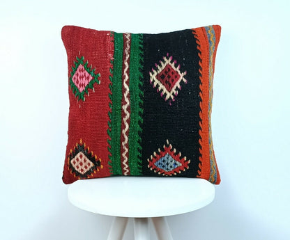 Kilim Pillow Cover 16x16 Handmade Vintage Wool Lumbar Tribal Ethnic Cushion E153