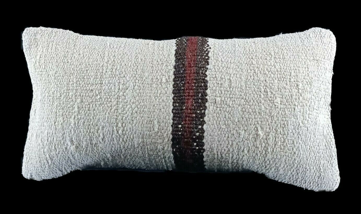 White Hemp Handmade Kilim Pillow Cover 8x16 in  Decorative Lumbar Cushion Ê798