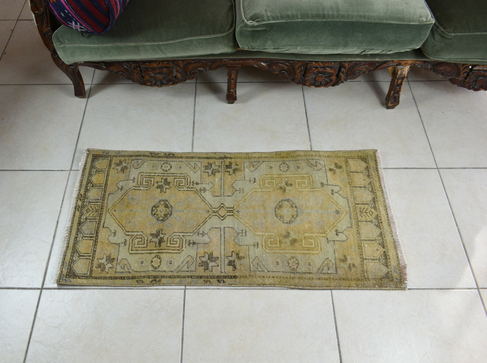 Vintage Runner 3.3x1.6 ft Mini Turkish Rug Oushak Runner Anatolian Runner Y95