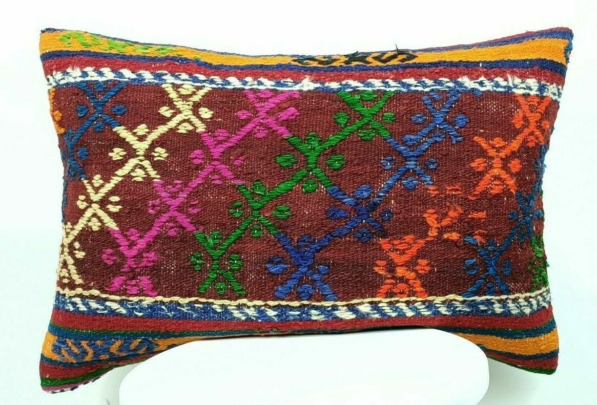 Kilim Pillow Cover 16x24 Handmade Lumbar Tribal Ethnic Sofa Couch Cushion  E497