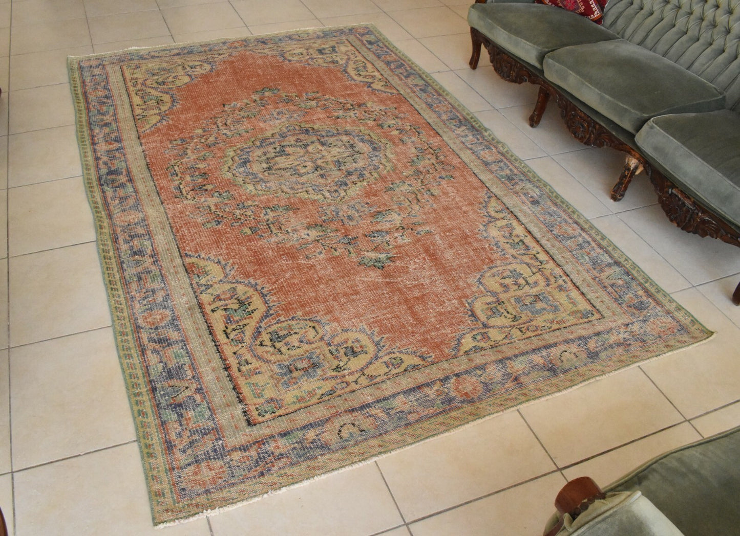 Handmade Area Rug 8.6 x 5.5 ft Distressed Anatolian Vintage Medallion Rug  C45