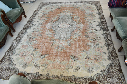 Large Turkish Rug 9.6x6.7 ft Vintage Rug Faded Oushak Rug Living Room Carpet B14