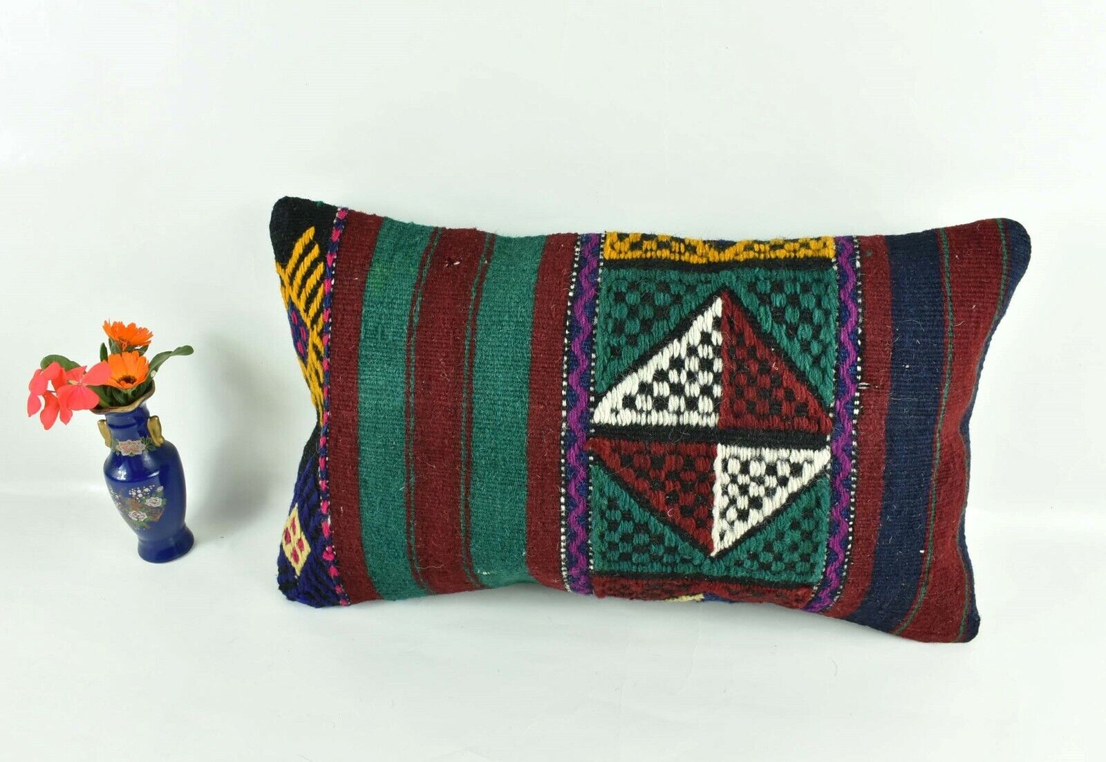 Kilim Pillow Cover 12x20 Turkish Handmade Vintage Couch Lumbar Cushion  A1799