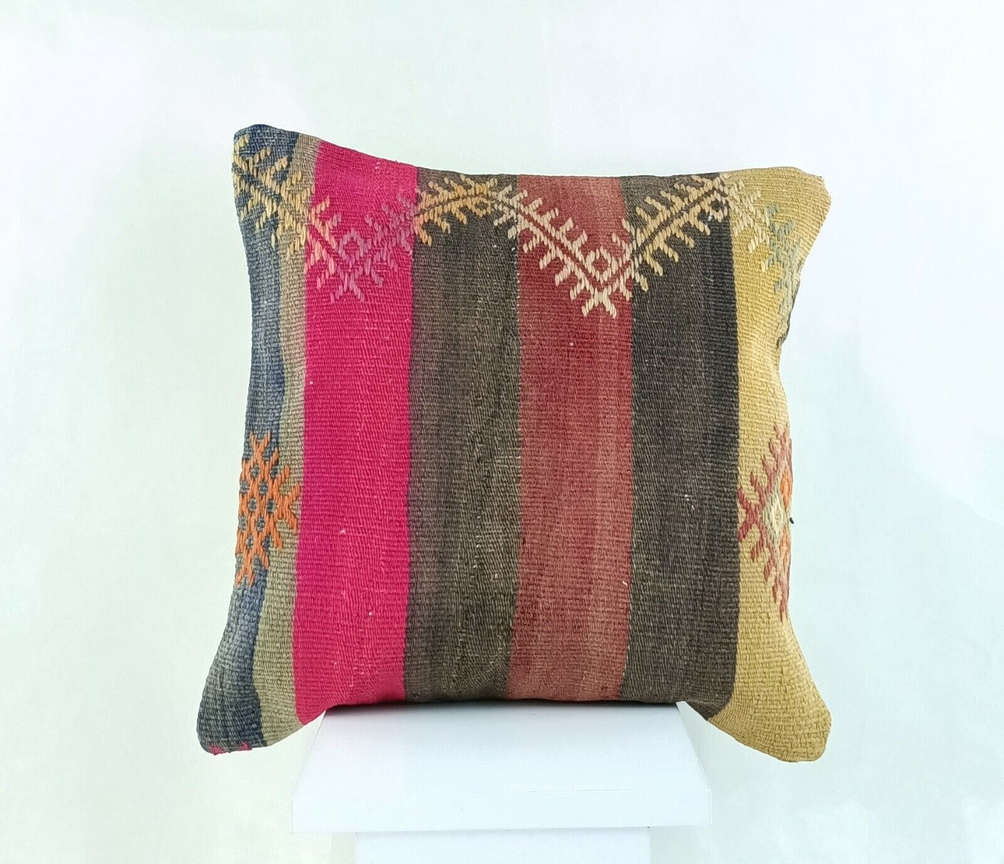 Kilim Pillow Cover 16x16 Handmade Turkish Home Decorative Wool Sofa Cushion A825