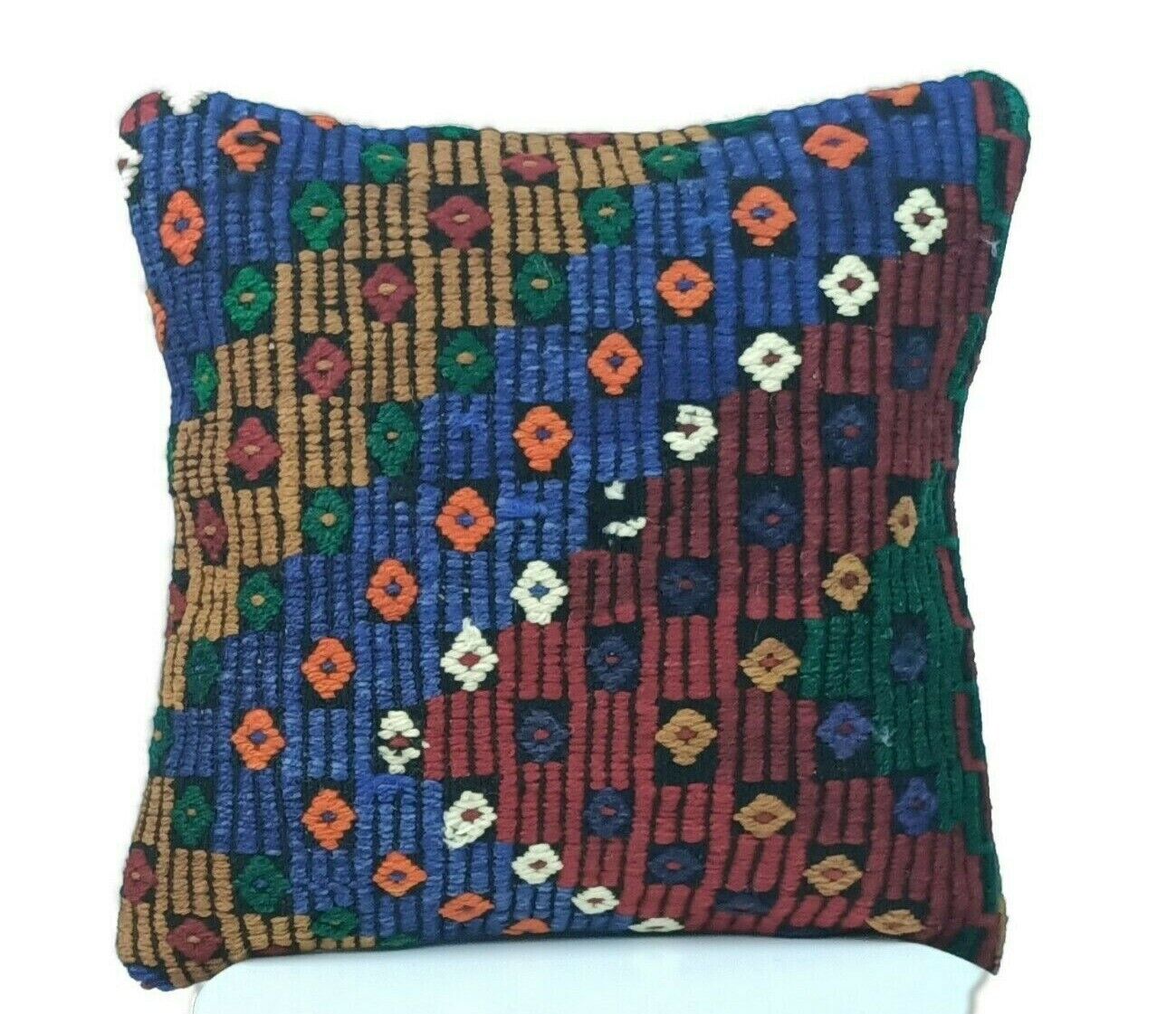 Handmade Turkish Kilim Pillow Cover 16x16 Vintage Rug Tribal Lumbar Cushion E185