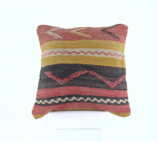 Kilim Pillow Cushion Case 16x16 in Handmade Turkish Traditional Wool Pillow A538