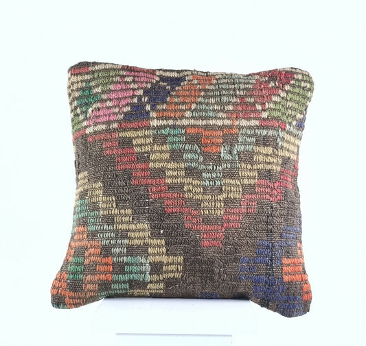 Turkish Kilim Pillow Cover 16x16 Home Decorative Wool Handmade Rug Cushion A502