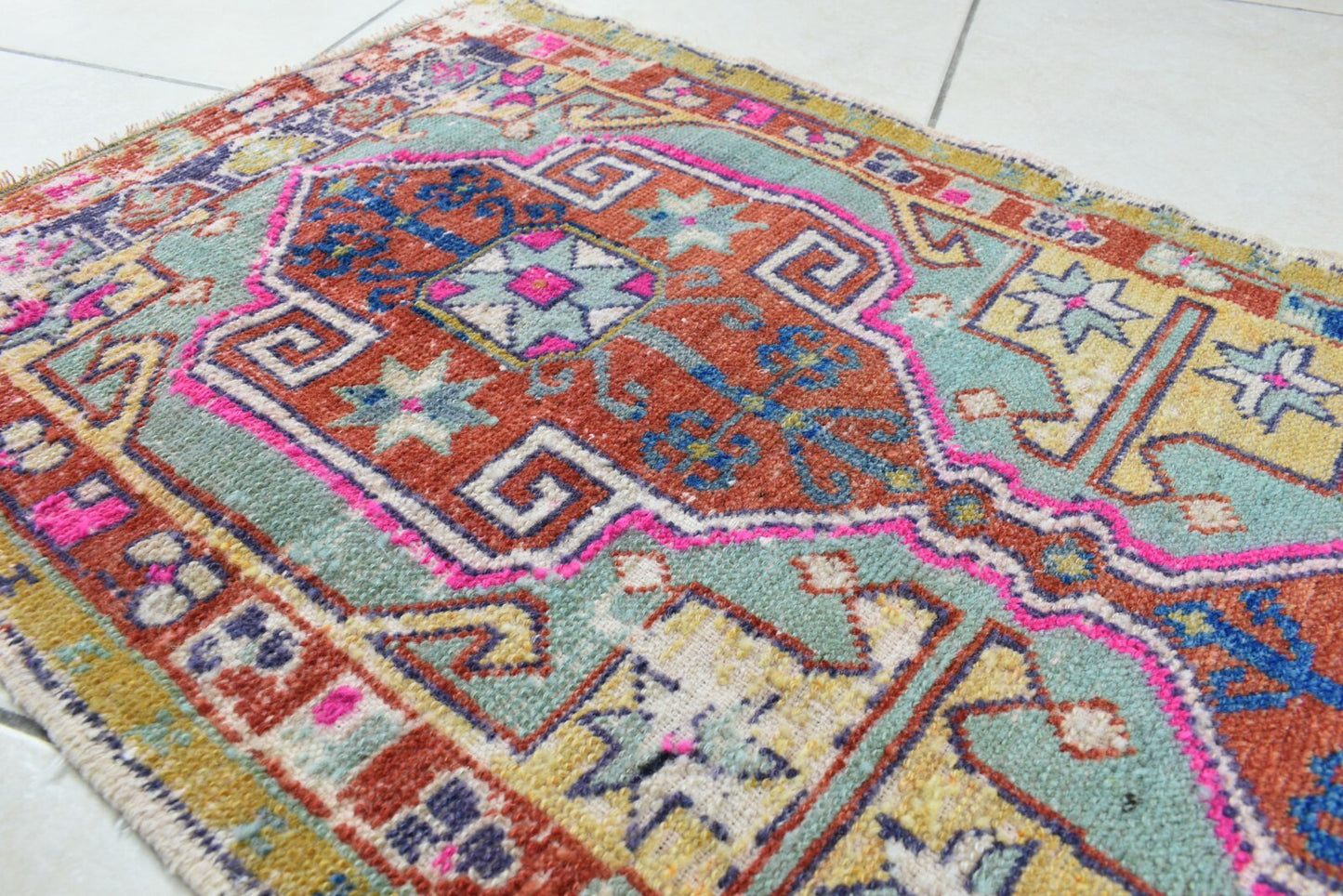 Turkish Runner 3.6x1.8 ft Vintage Small Rug Oushak Runner Anatolian Mini Rug Y61