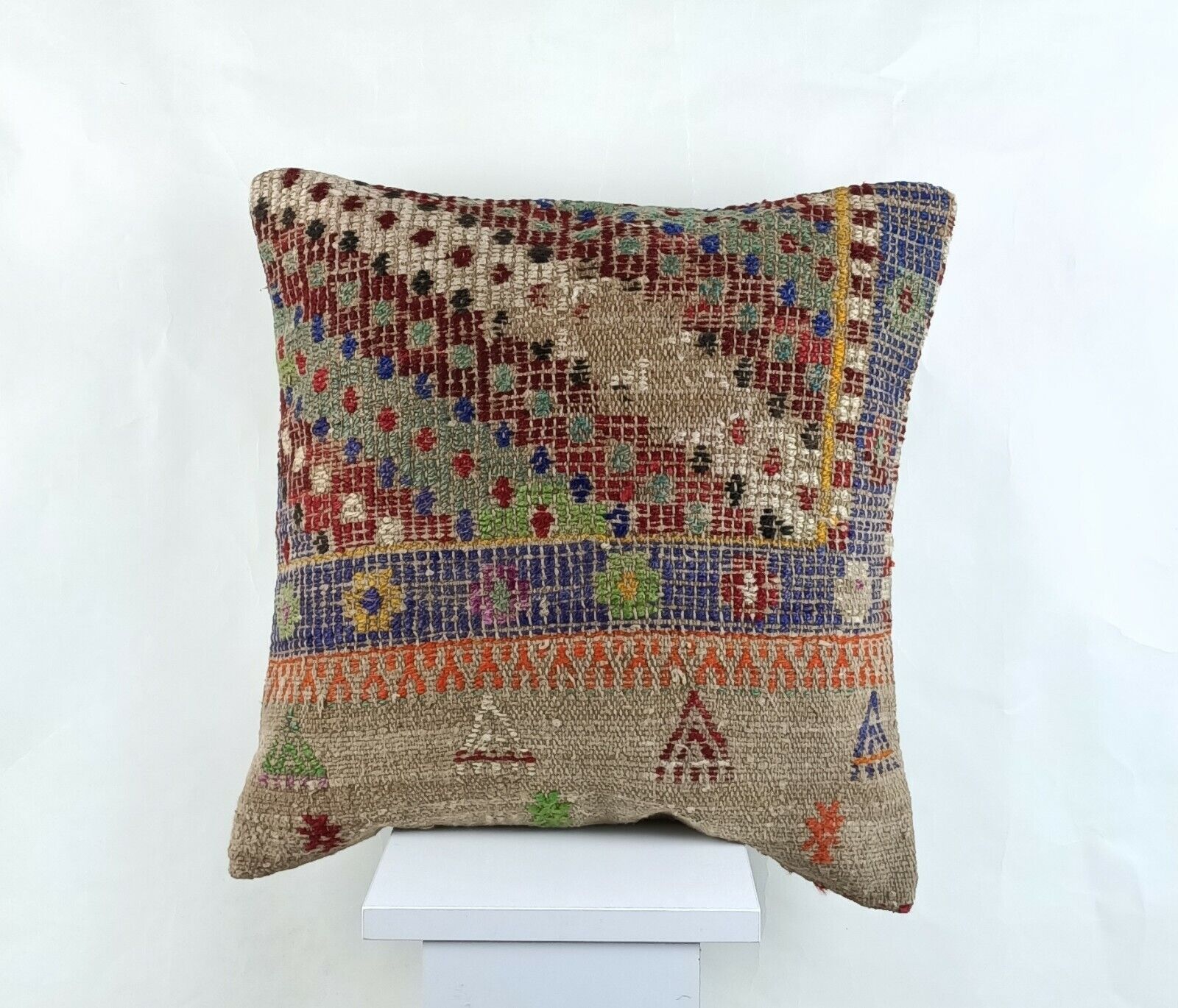 Kilim Pillow Cover 18x18 Handmade Turkish Ethnic Vintage Lumbar Cushion A1406