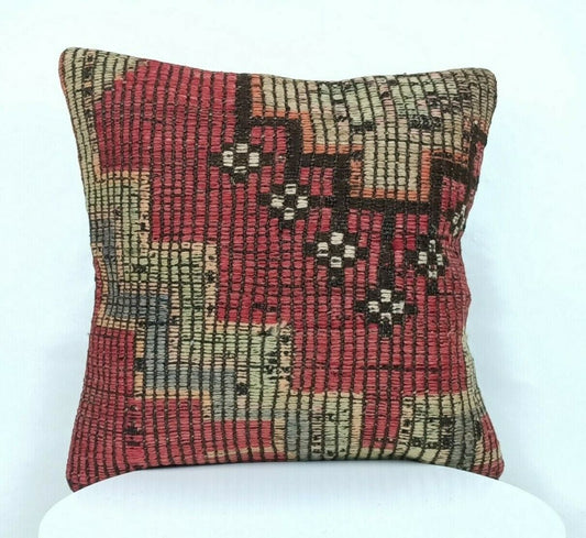 Kilim Pillow Cover 14x14 Handmade Anatolian Traditional Ottoman Cushion  A337