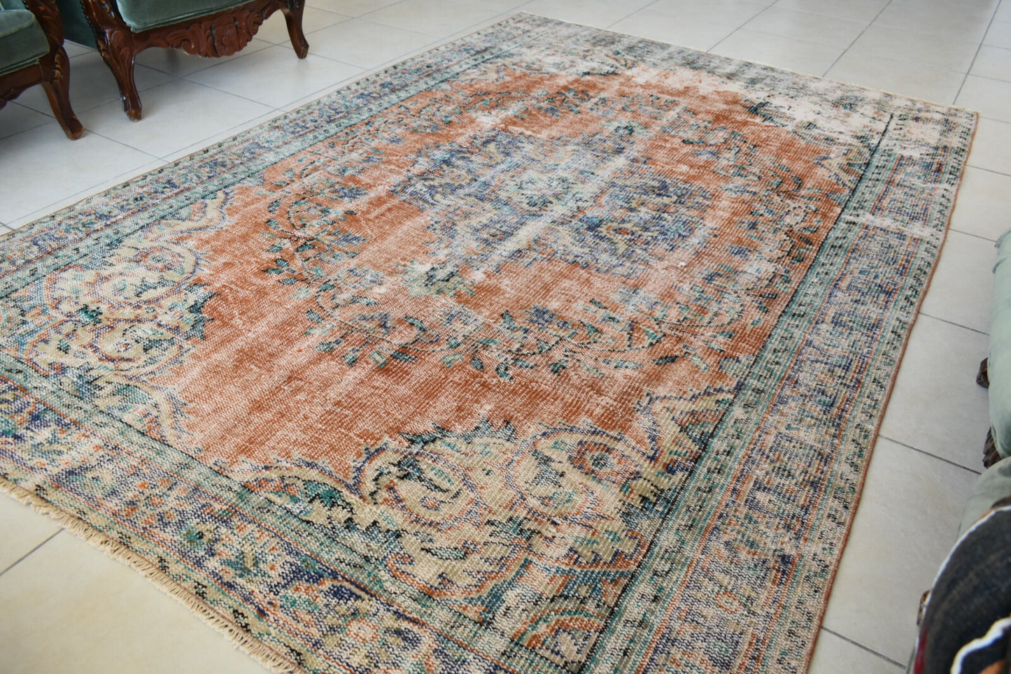 Large Turkish Rug 8.4x5.6 ft Vintage Rug Faded Oushak Rug Living Room Carpet B16