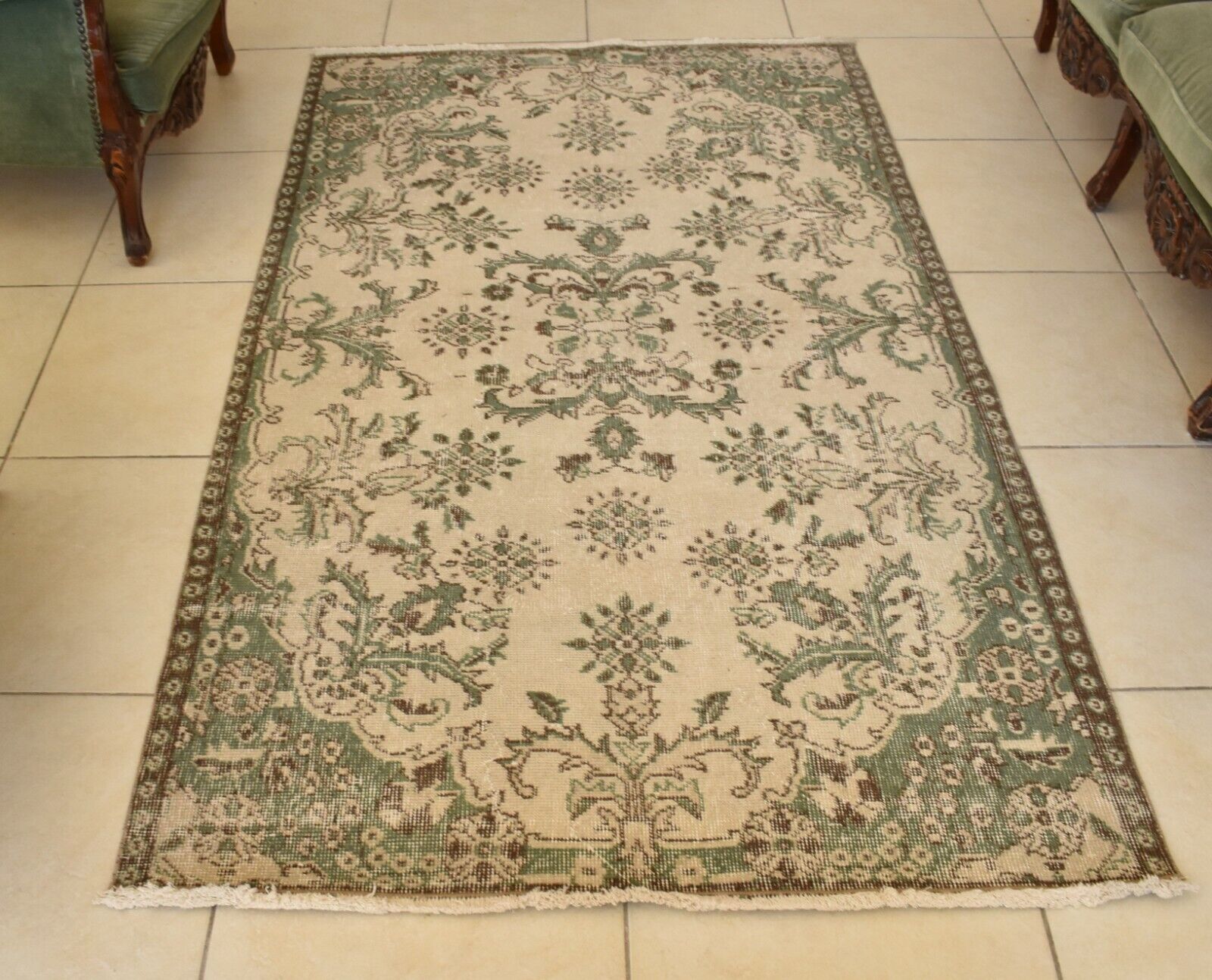 Handmade Vintage Oushak Runner 3.6 x 6.4 ft  Accent Beige Green Area Rug C22