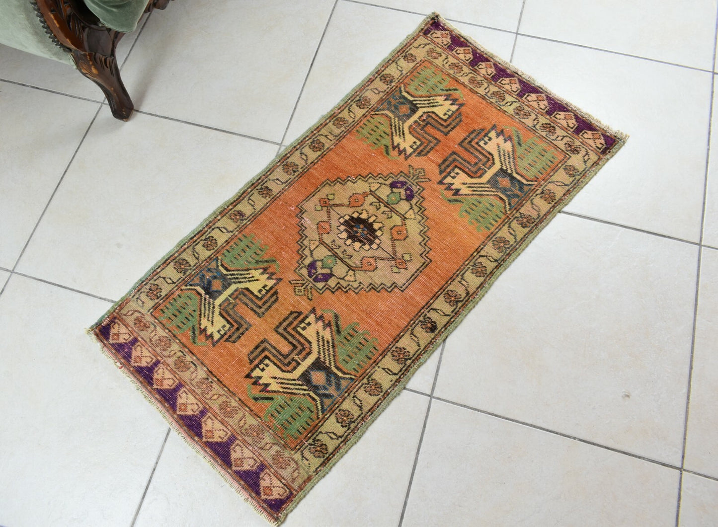 Turkish Runner 3.3x1.6 ft Vintage Small Rug Oushak Runner Anatolian Mini Rug Y65
