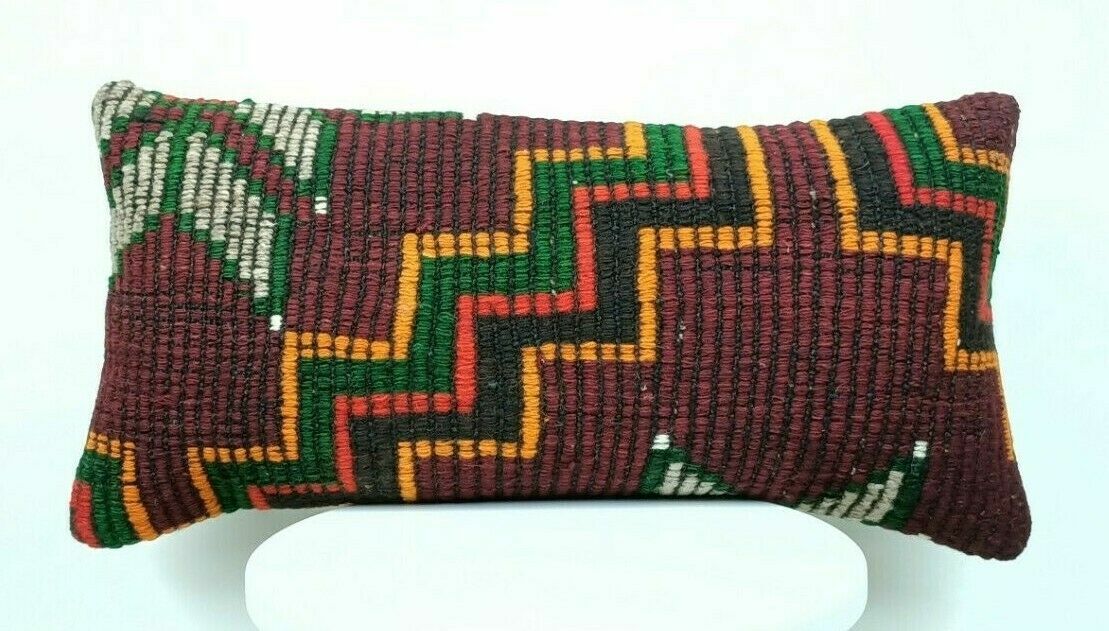 Turkish Kilim Pillow Cover 12x24 Sofa Ethnic Bohemian Wool Lumbar Cushion  E417