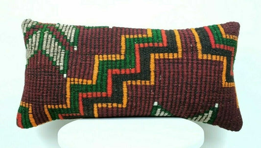 Turkish Kilim Pillow Cover 12x24 Sofa Ethnic Bohemian Wool Lumbar Cushion  E417