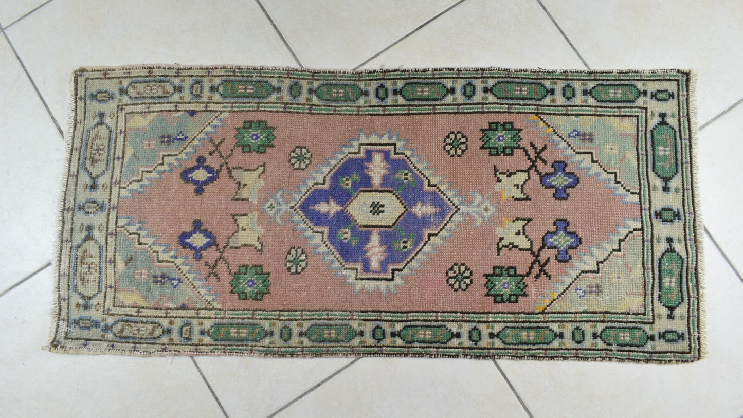 Turkish Runner 3.6x1.6 ft Vintage Small Rug Oushak Runner Anatolian Mini Rug Y68