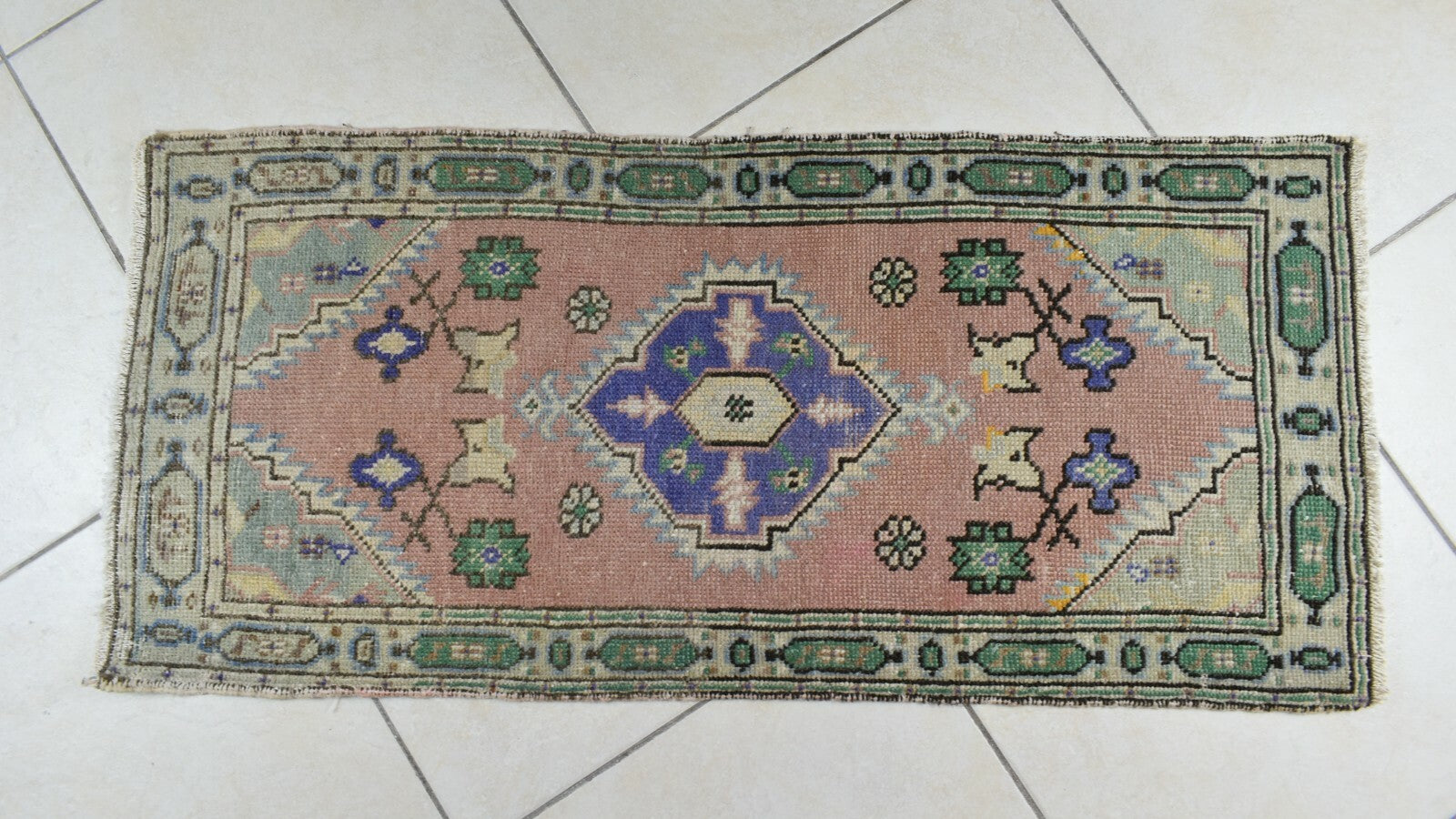 Turkish Runner 3.6x1.6 ft Vintage Small Rug Oushak Runner Anatolian Mini Rug Y68