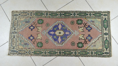 Turkish Runner 3.6x1.6 ft Vintage Small Rug Oushak Runner Anatolian Mini Rug Y68